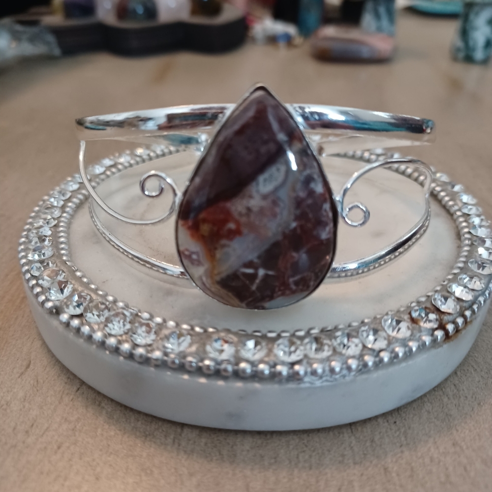 Brown & Tan Lace Agate Adjustable Cuff Bangle Bracelet